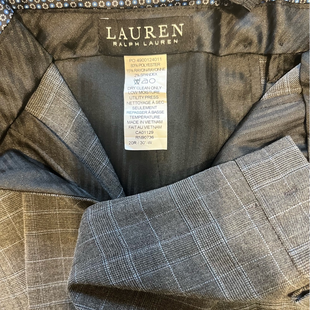 Pinstripe light gray with thin blue stripe. 20R. Worn once